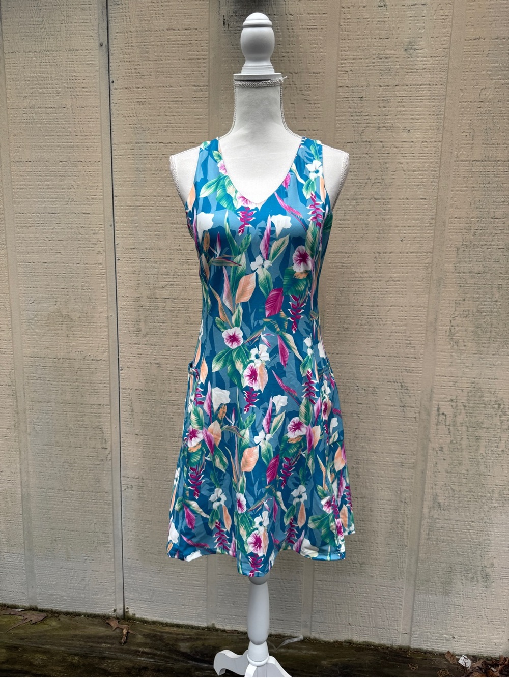 Marika Teal Floral Mini Dress with Pink & White Accents